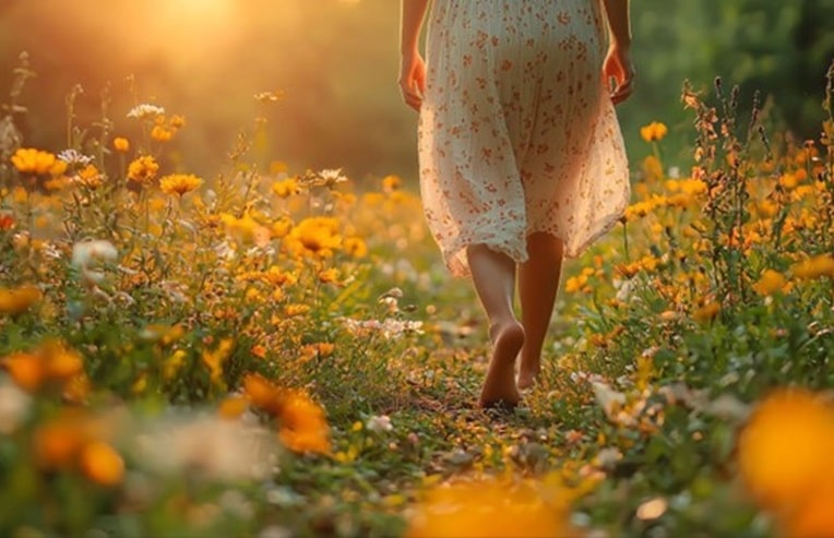 A woman walking in a golden field of orange wildflowers