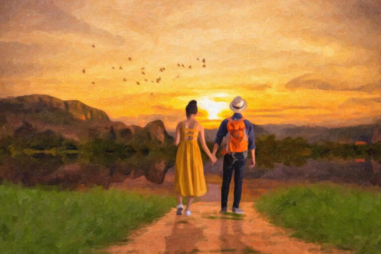 textured painting, couple walking on a path in the sunset
