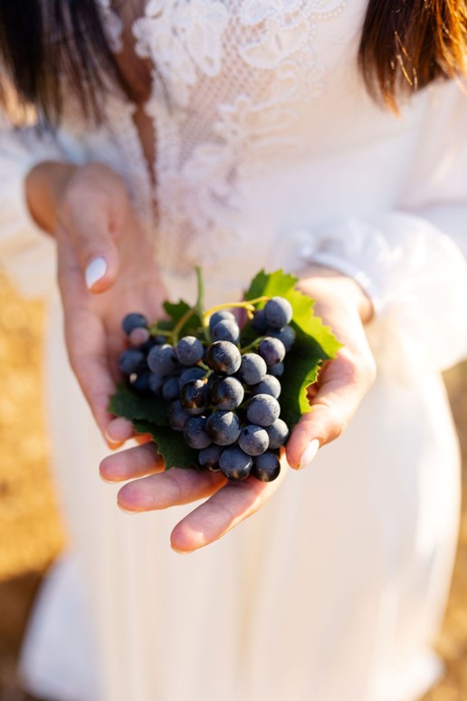 A close-up of a woman holding a bunch of blueberries for luteal phase foods